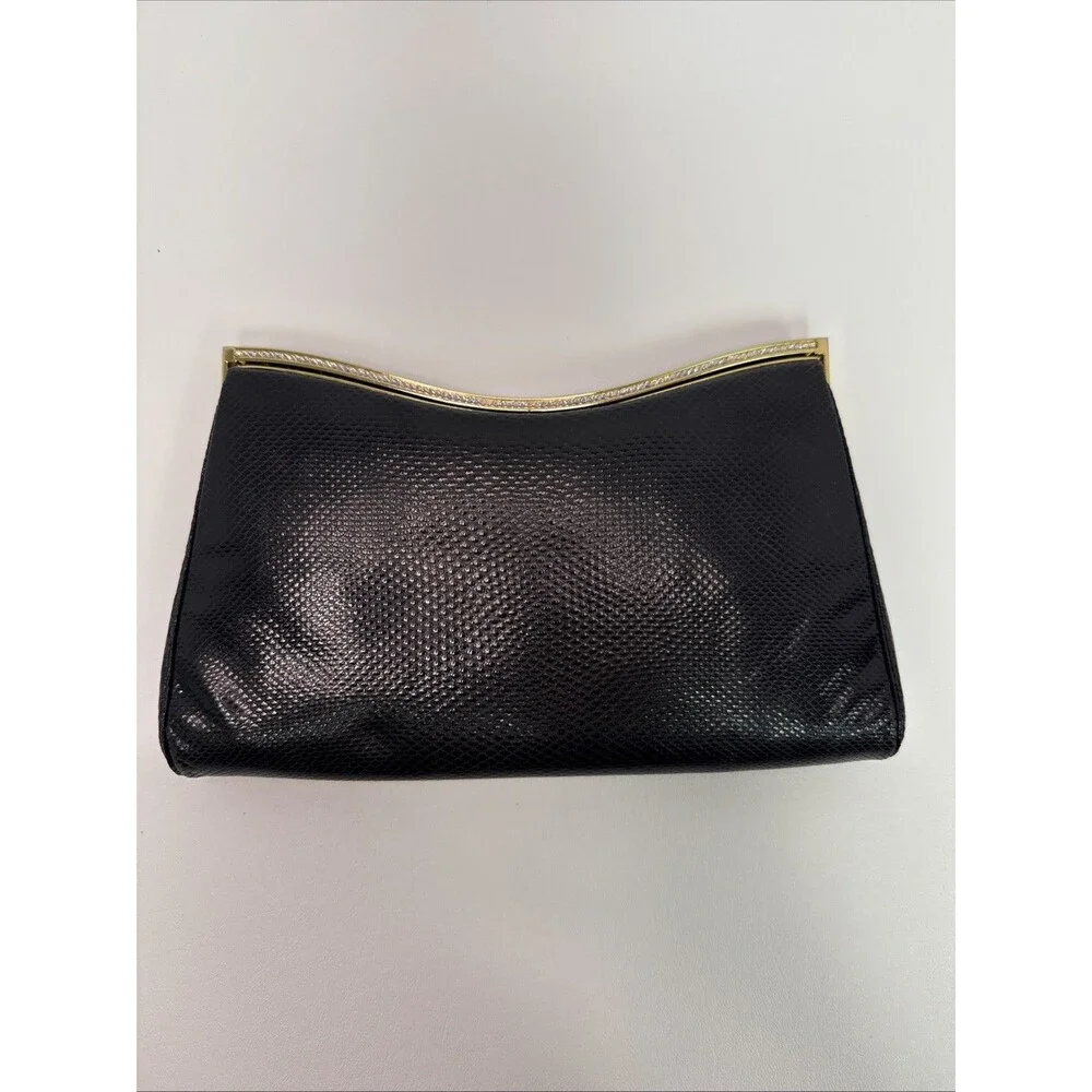 Judith Leiber Black Lizard Snakeskin Leather Rhinestone Clutch Bag Comb Vintage - Picture 3 of 16